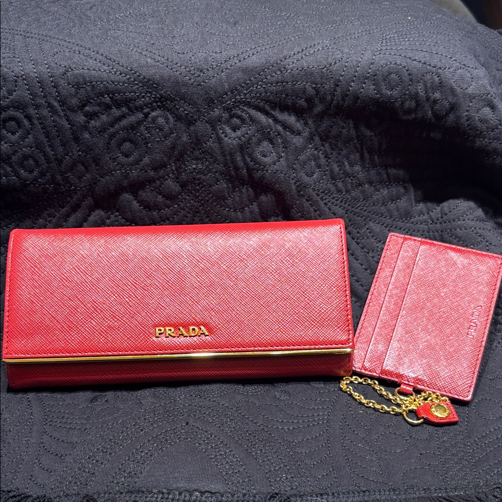 Prada Red Wallet And Card Holder With Gold Accents